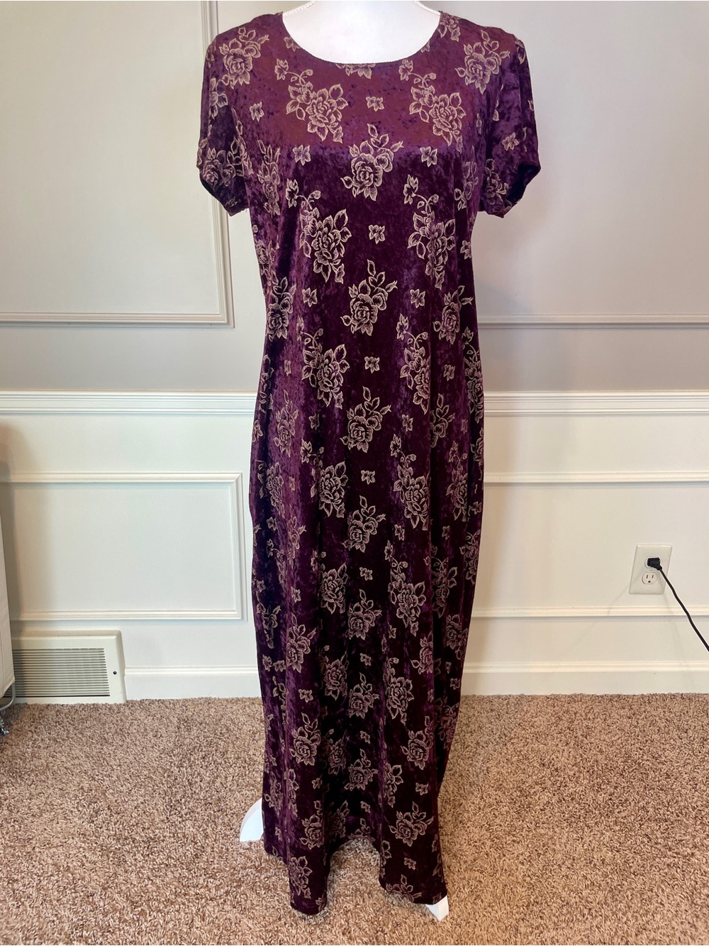 Bentley Vintage 90s Crushed Velvet Maxi Dress Plum Purple Floral Stretch 13/14
